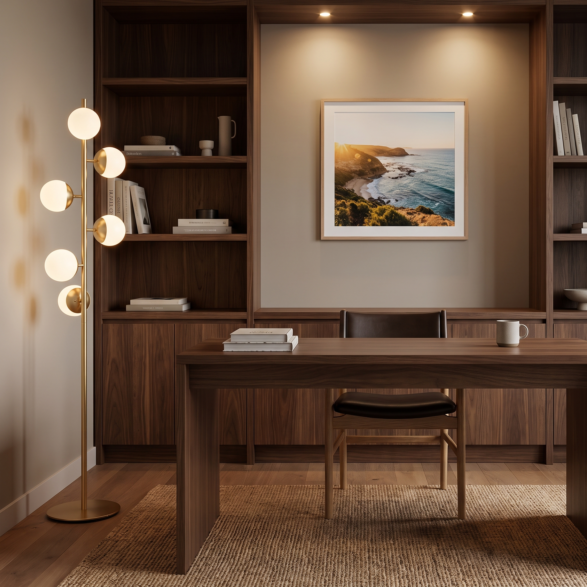 Cactus gold glass-globe floor lamp in a luxe Scandinavian home office