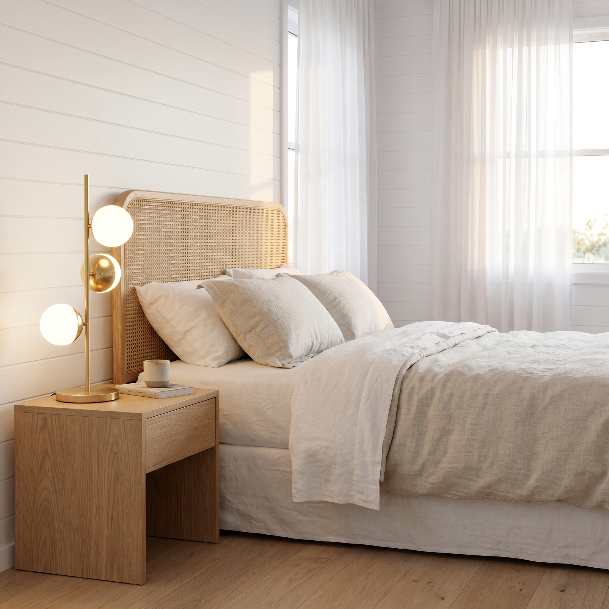 Cactus gold glass-globe table lamp on a bedside table in a modern beach house bedroom