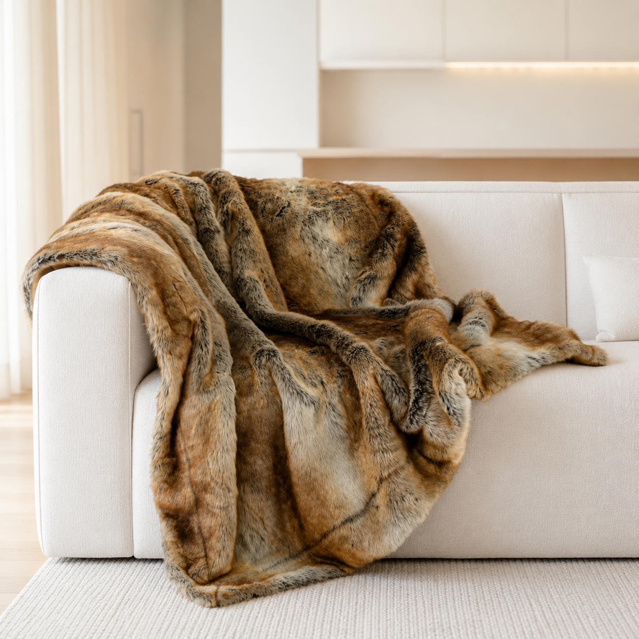 Calder Fur Throw Blanket folded, showing its thick, velvety pile