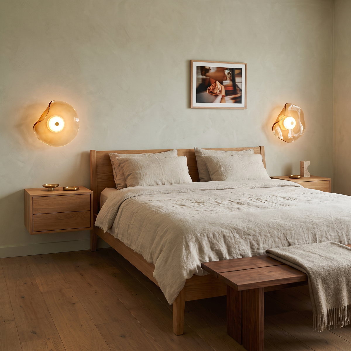 Cami glass wall sconce in amber glass either side of an oak bed in a Scandinavian bedroom