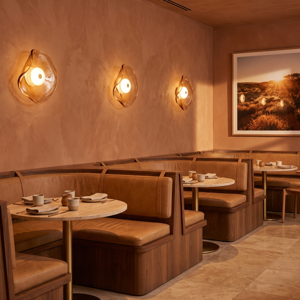 Cami glass wall sconce in amber glass above timber booths in an Australian restaurant