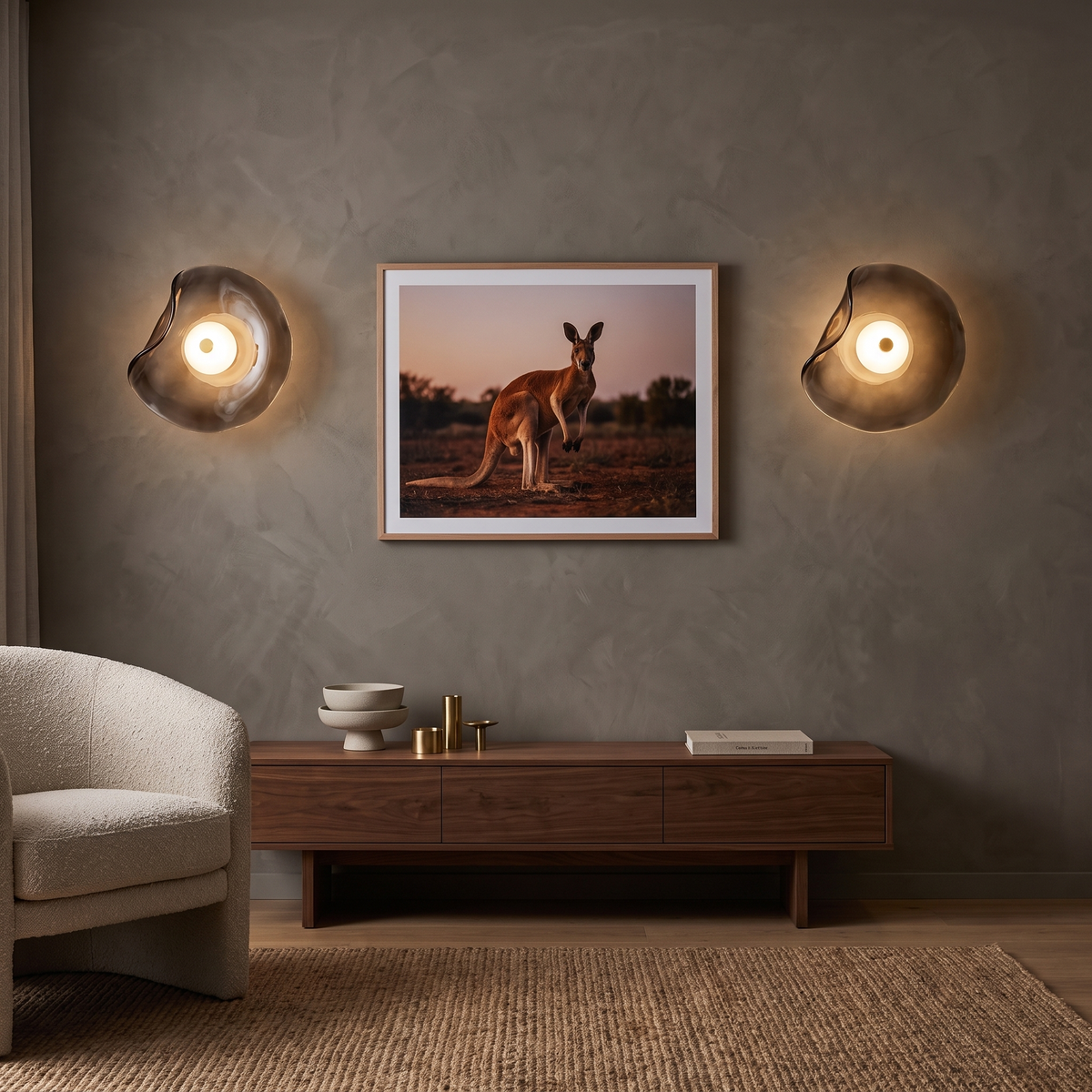 Cami glass wall sconce in smoke grey glass on a greige wall in a Melbourne townhouse