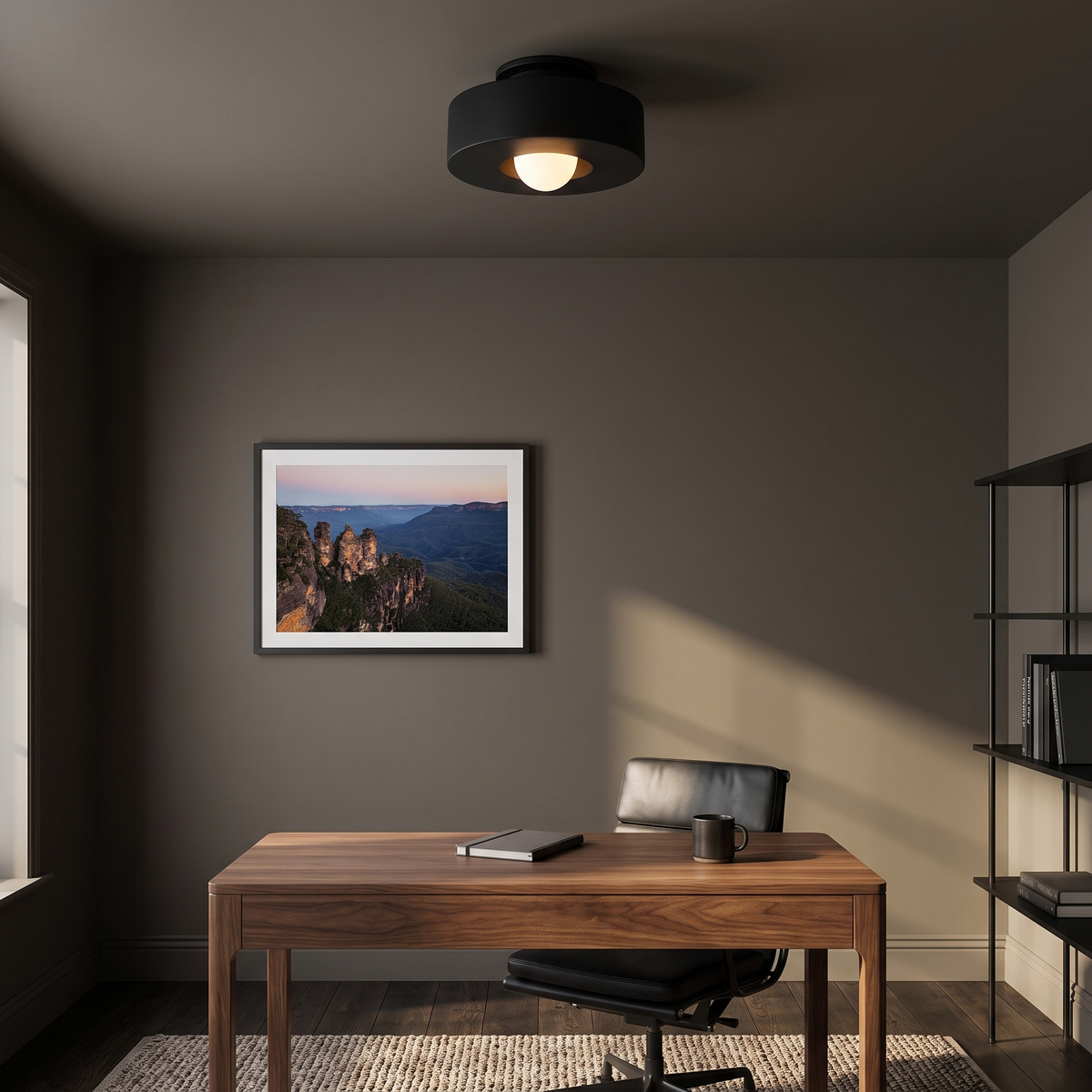 Cami black stepped drum LED ceiling light in a home office with a walnut desk