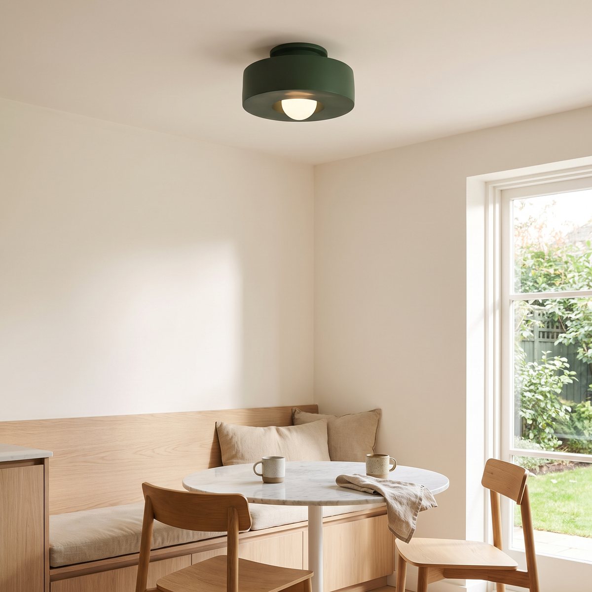 Cami forest green LED ceiling light above a sunny kitchen dining nook with an oak banquette