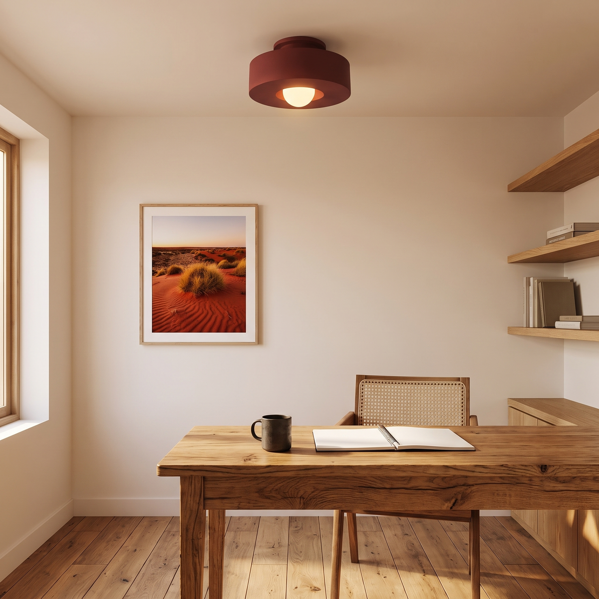 Cami burgundy red stepped drum LED ceiling light in a study with a timber desk and rattan chair
