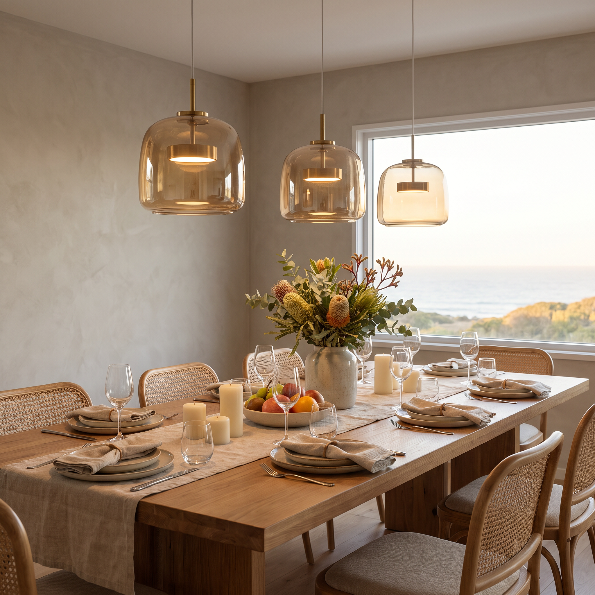 Three Camilla amber glass pendant lights above a long timber dining table set for a meal in a coastal home