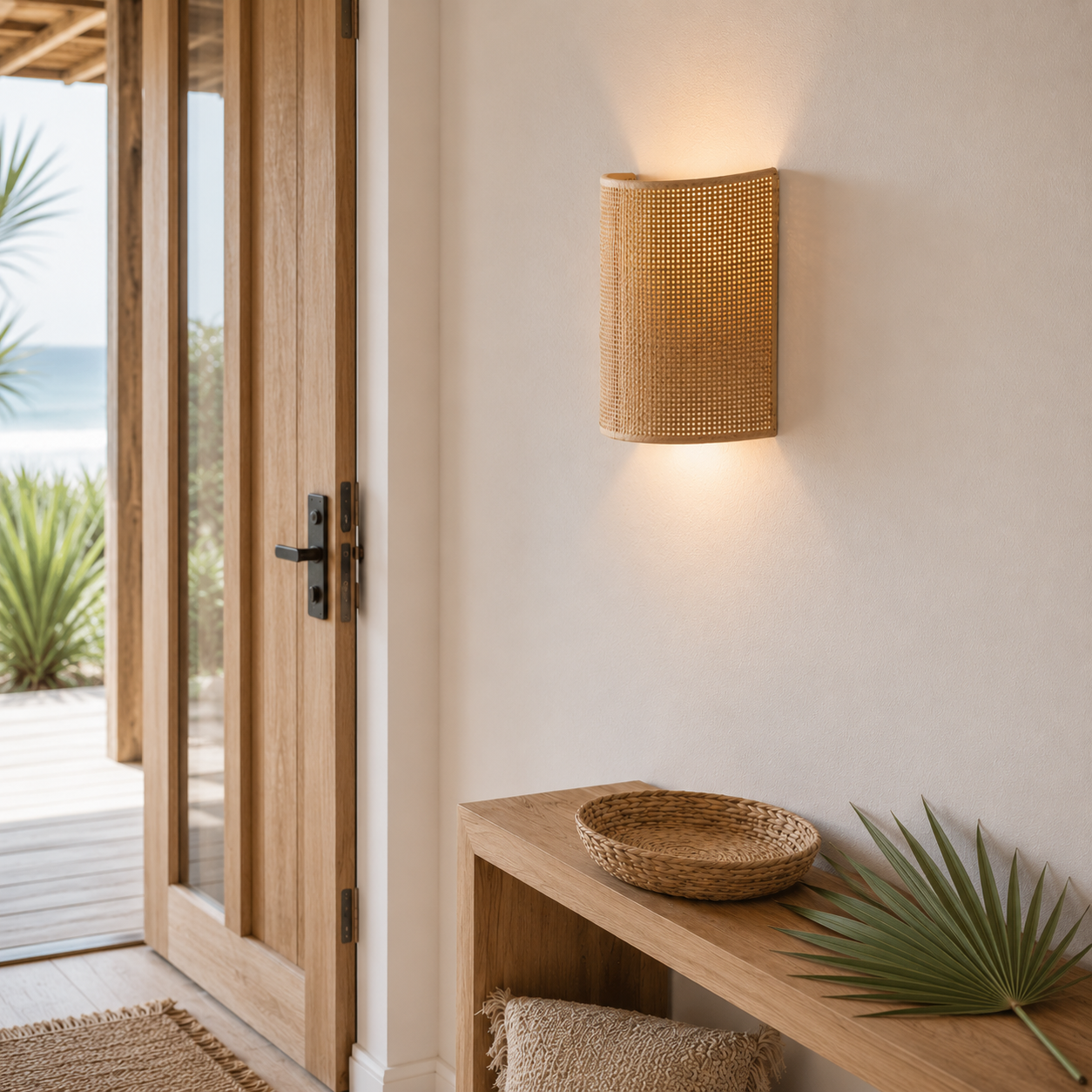 Canggu rattan wall lamp in a bedroom setting with soft ambient lighting