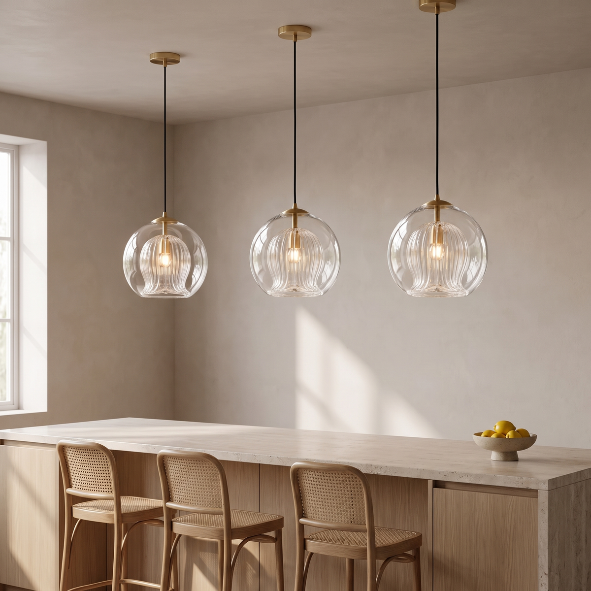 Three Capri clear glass pendant lights hanging over a travertine kitchen island in daylight