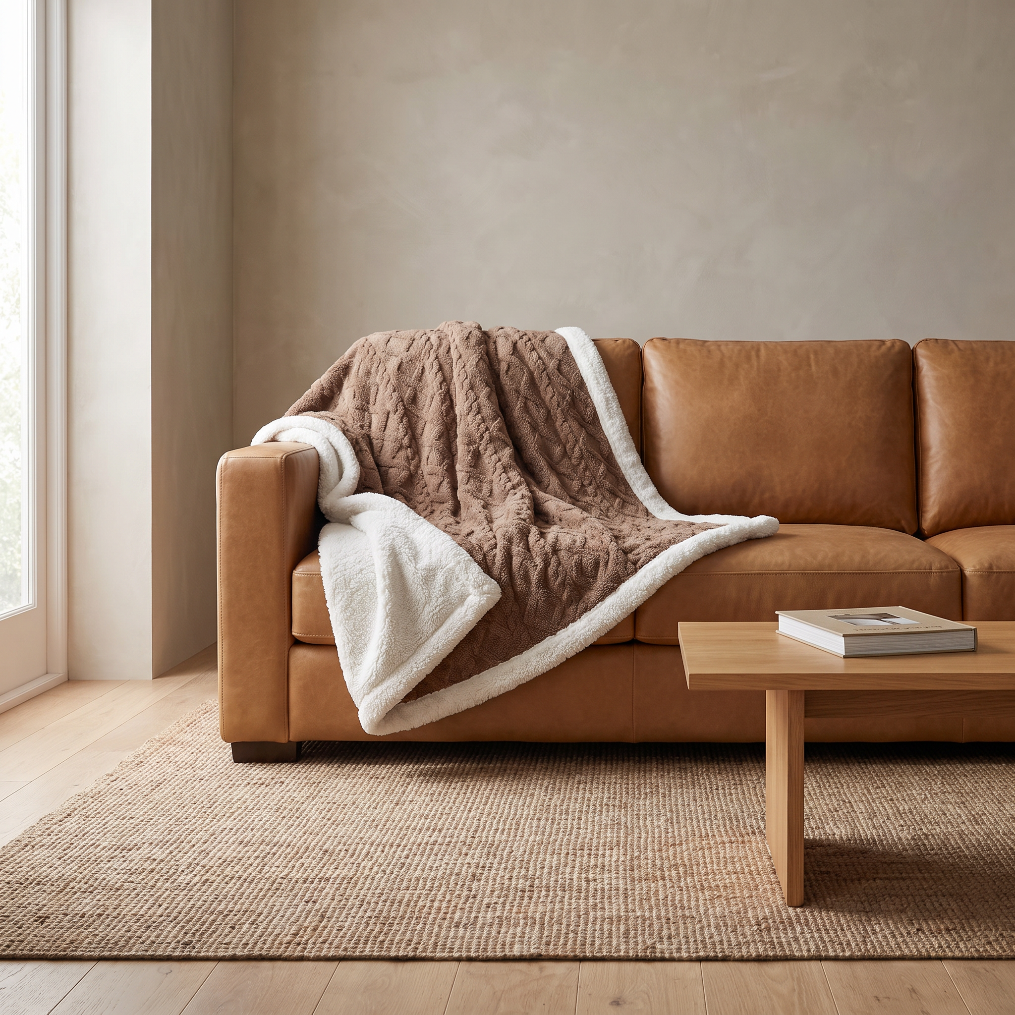 Cara reversible sherpa fleece throw blanket in Espresso draped over a tan leather sofa