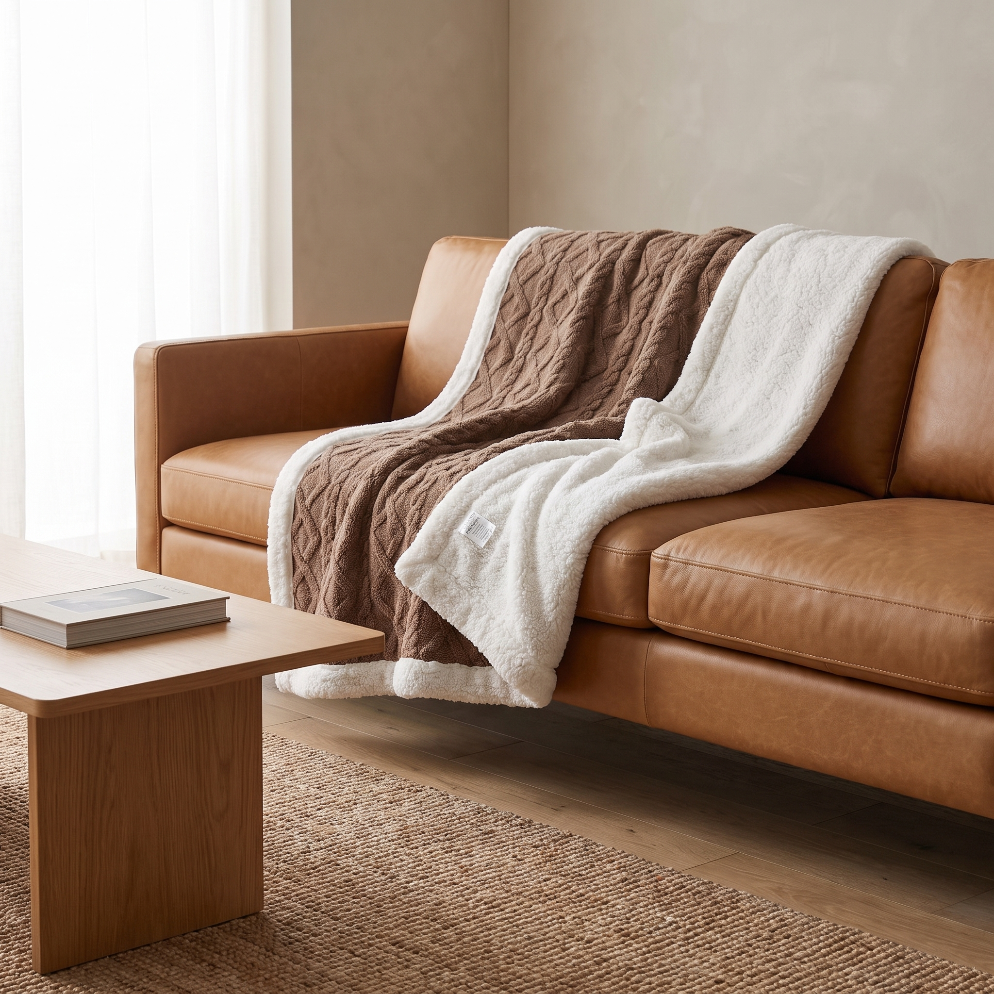 Cara reversible sherpa fleece throw blanket in Espresso showing its white sherpa reverse over a tan leather sofa