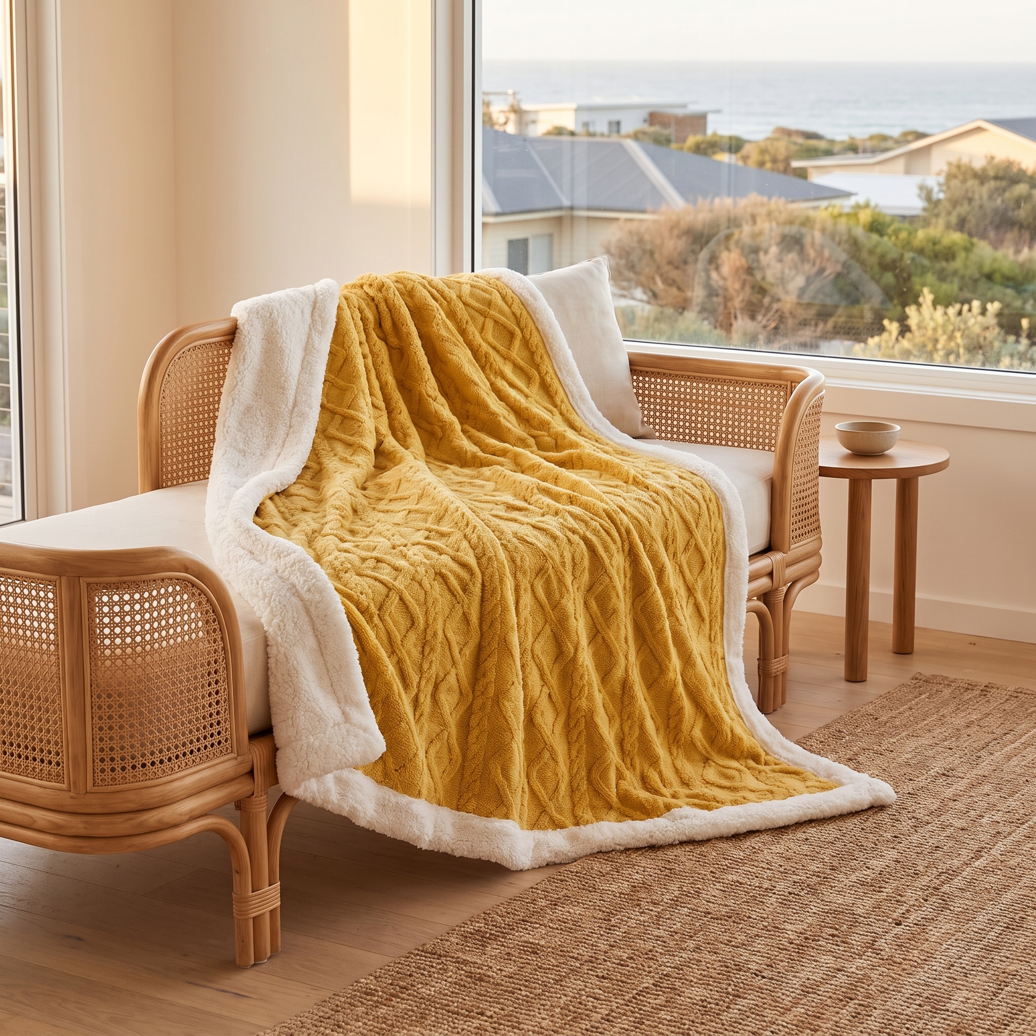 Cara reversible sherpa fleece throw blanket in Golden Sunrise showing its white sherpa reverse on a cane daybed