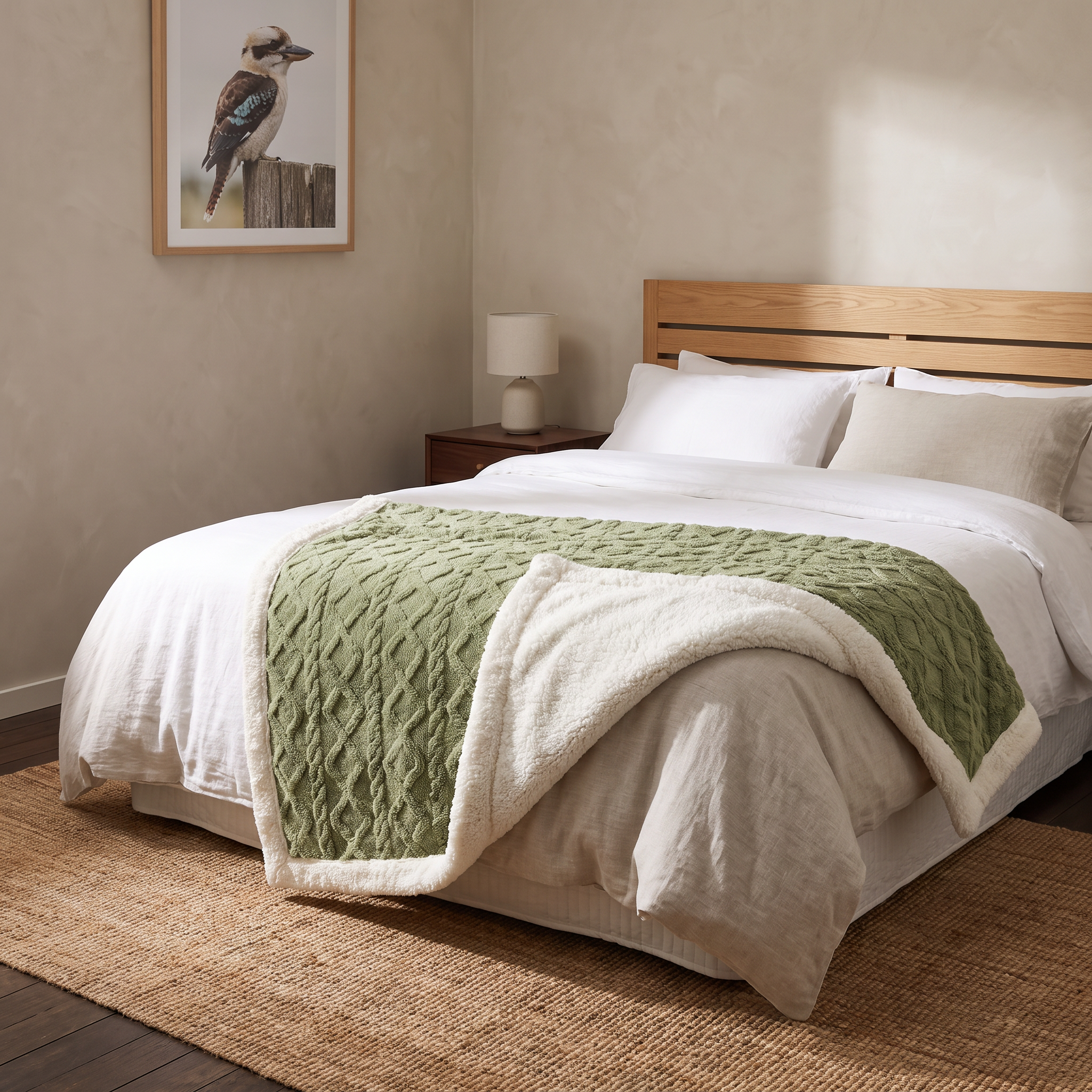 Cara reversible sherpa fleece throw blanket in Matcha showing its white sherpa reverse on a timber slat bedhead