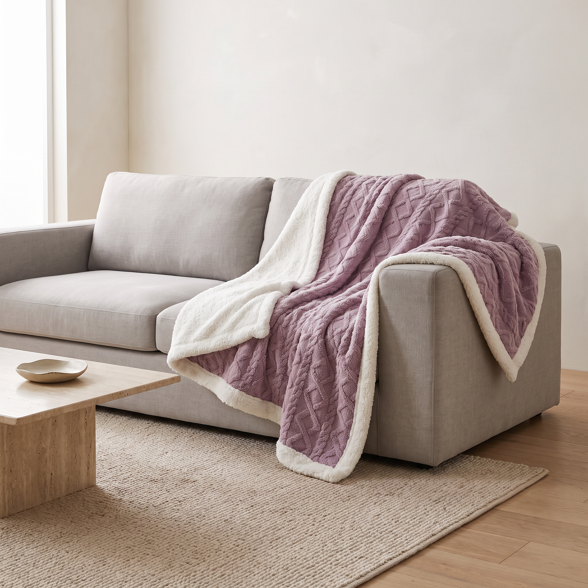 Cara reversible sherpa fleece throw blanket in Passion Purple showing its white sherpa reverse over a stone grey sofa