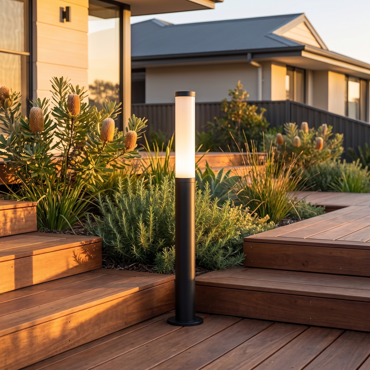 Clancy waterproof bollard light, 149.9cm tall, beside spotted gum deck stairs and banksia at golden hour