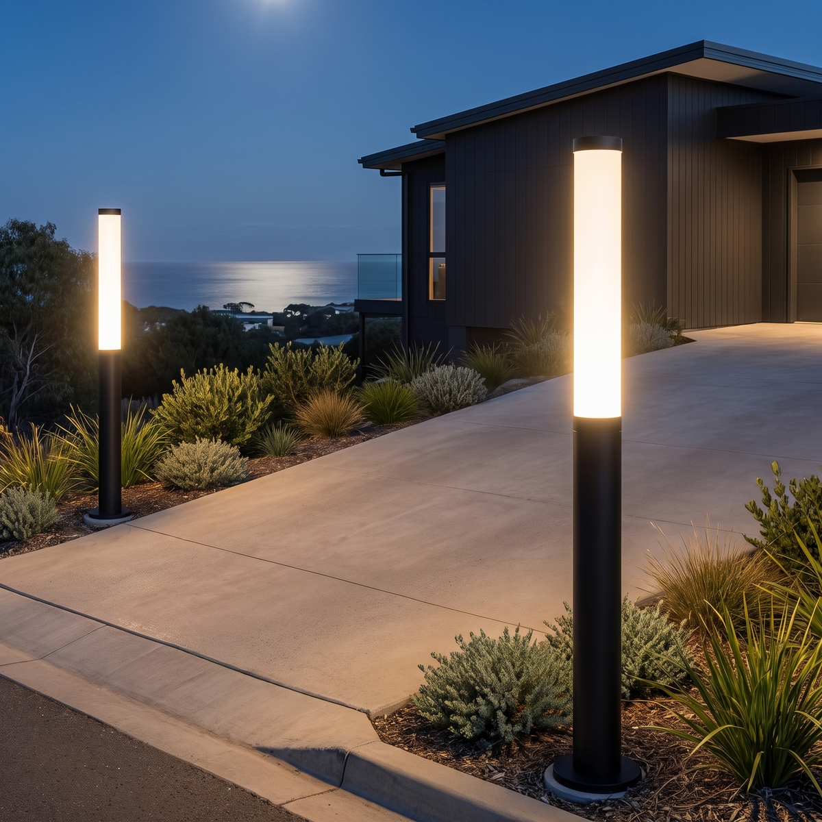 Two 200.7cm Clancy waterproof bollard lights at a sloping driveway entrance with an ocean view at night