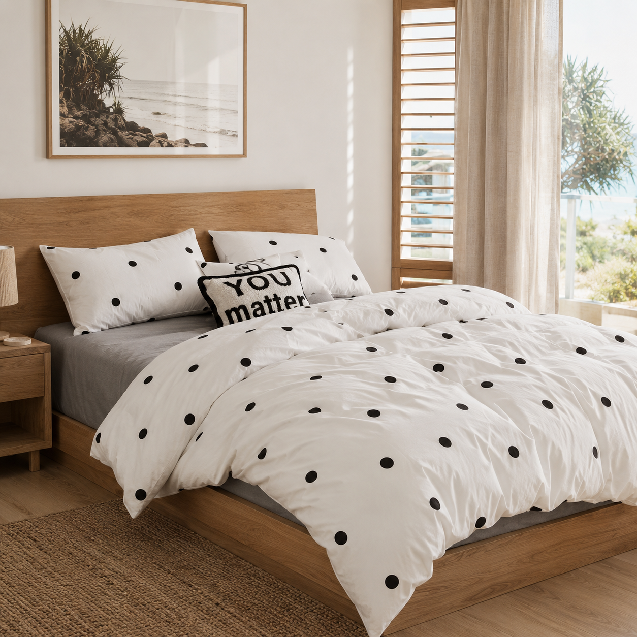 Claribel Duvet Cover showing a close-up of the striped and dotted cotton blend fabric