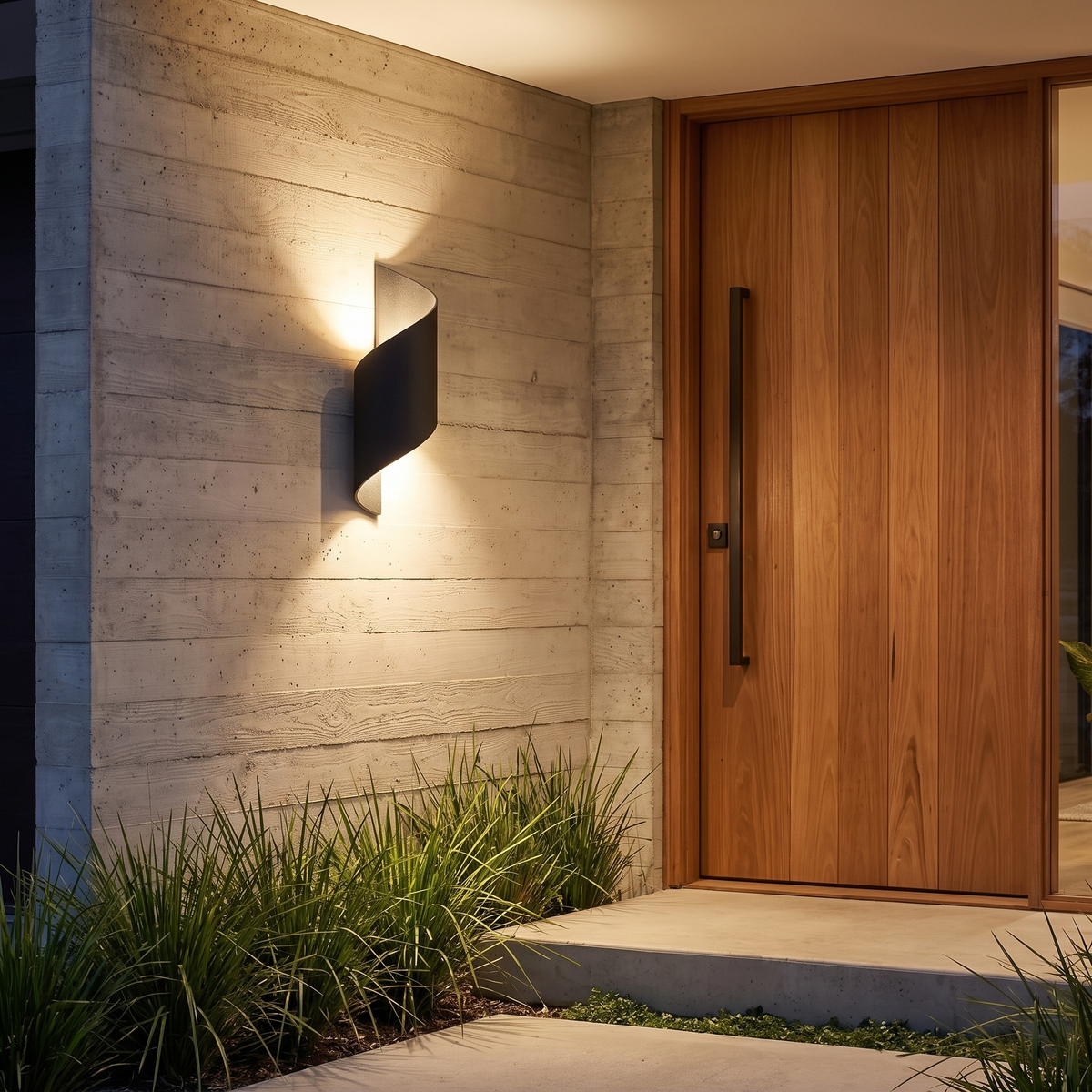 Clarry Outdoor Wall Light in black on board-formed concrete beside a blackbutt door at night