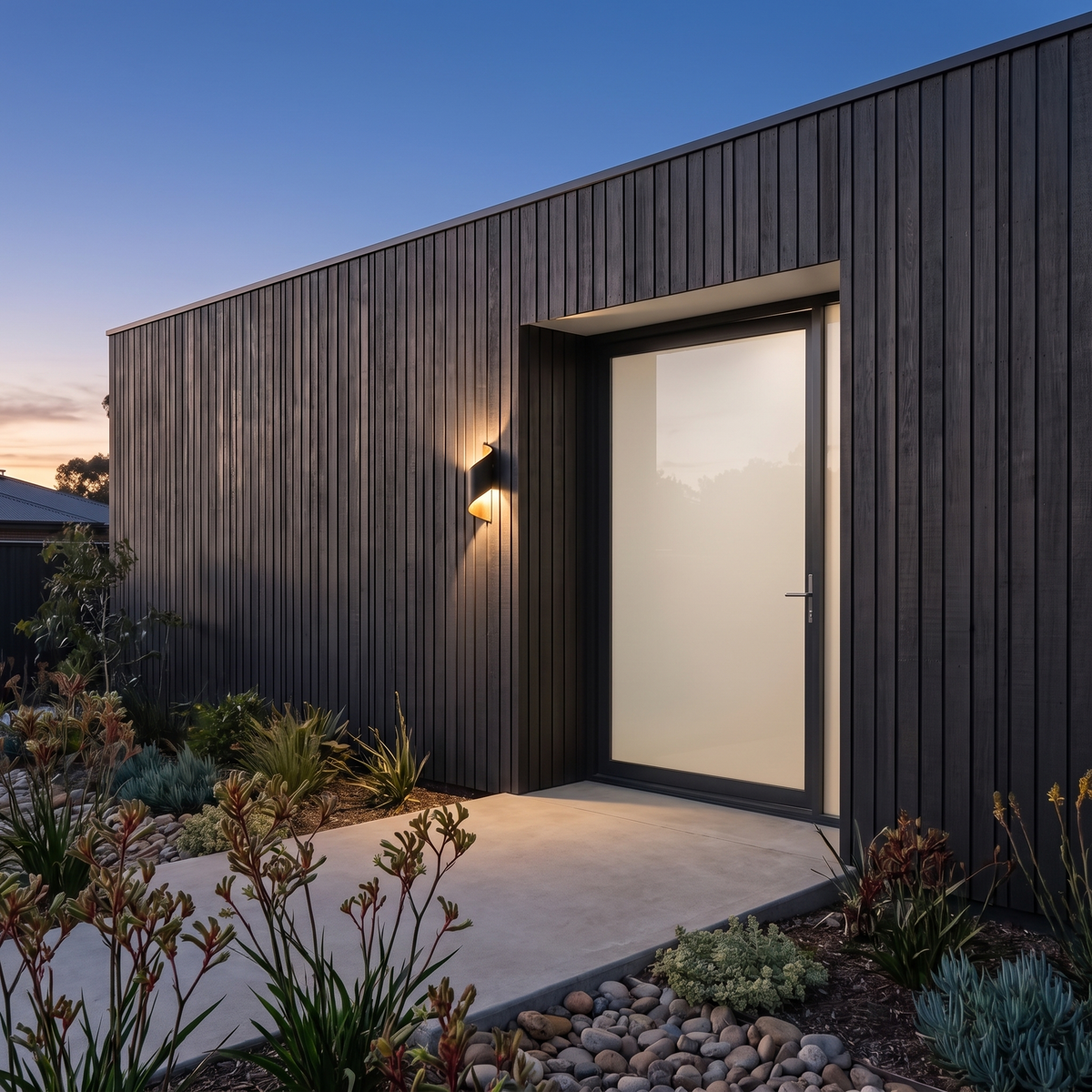 Clarry Outdoor Wall Light in black and gold on a timber batten entry by a pivot door at dusk