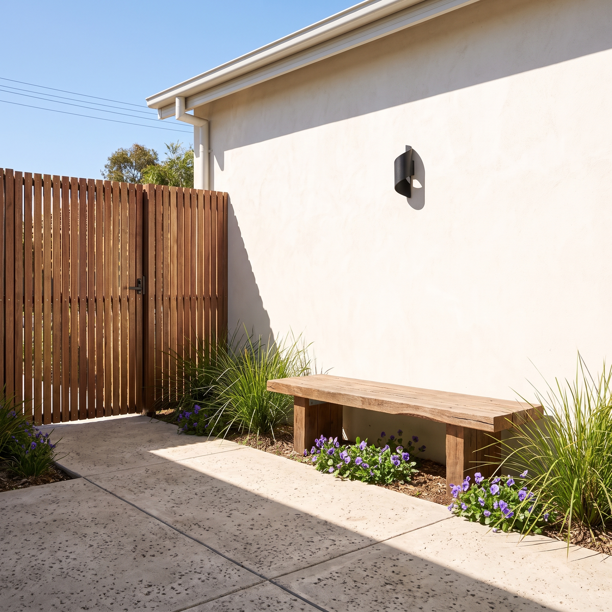 Clarry Outdoor Wall Light in black in a limewashed side courtyard by a spotted gum gate