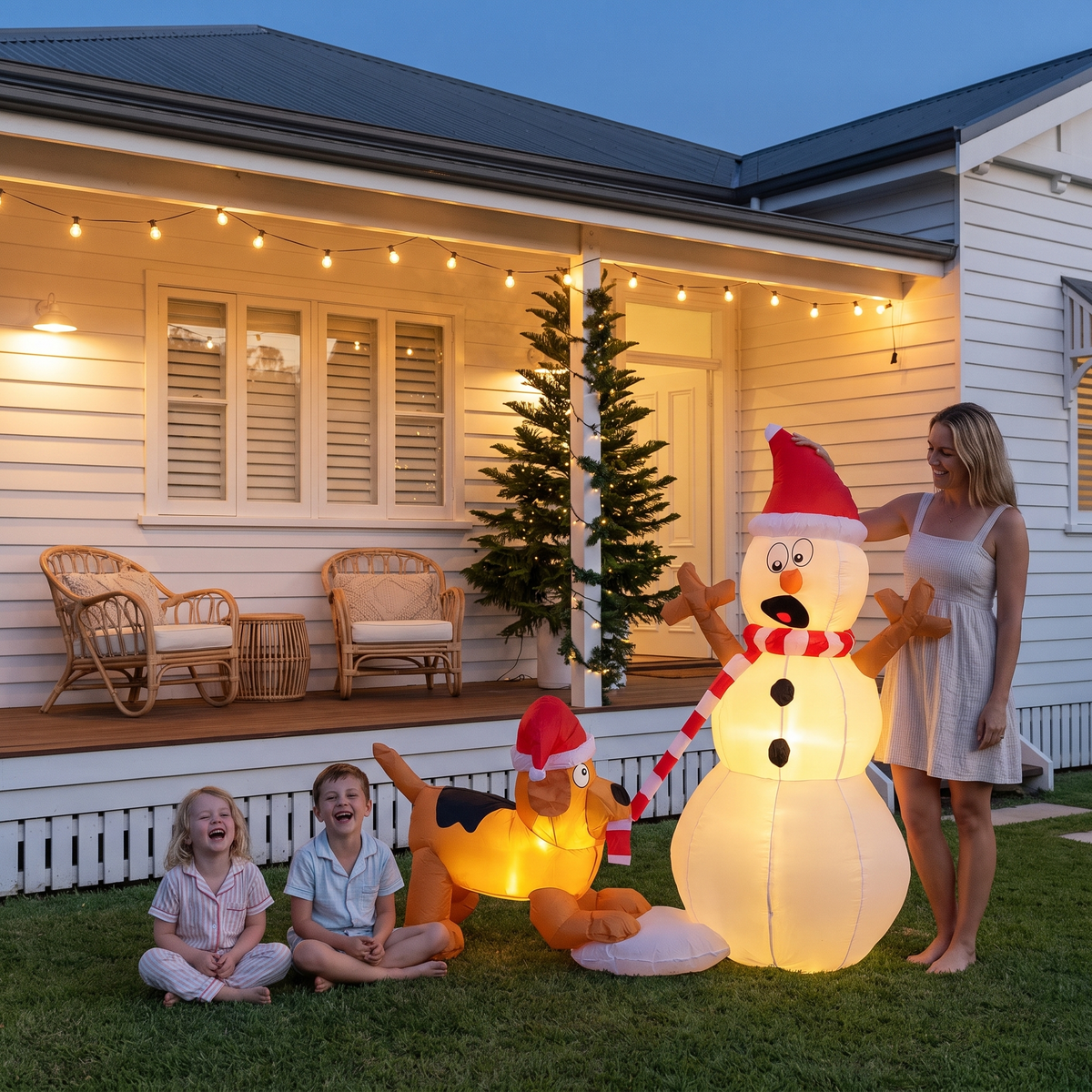Family beside the 122cm Claus inflatable snowman and dog on a beach house lawn at dusk