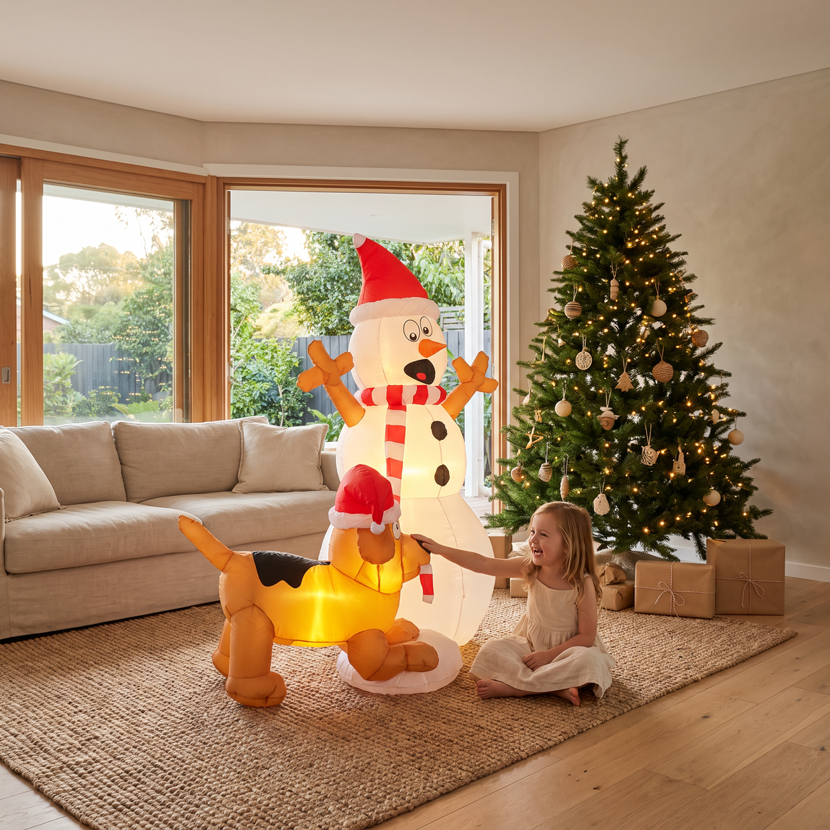 Claus inflatable snowman and dog beside a Christmas tree in a Scandinavian living room
