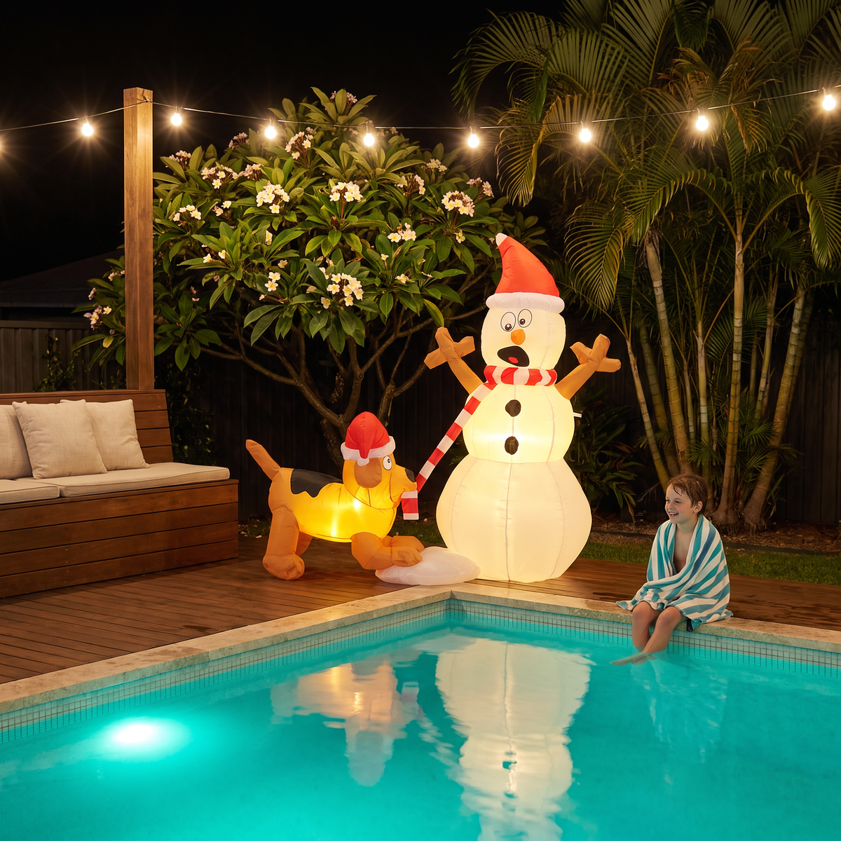 Claus inflatable snowman and dog Christmas decoration glowing beside a backyard pool at night