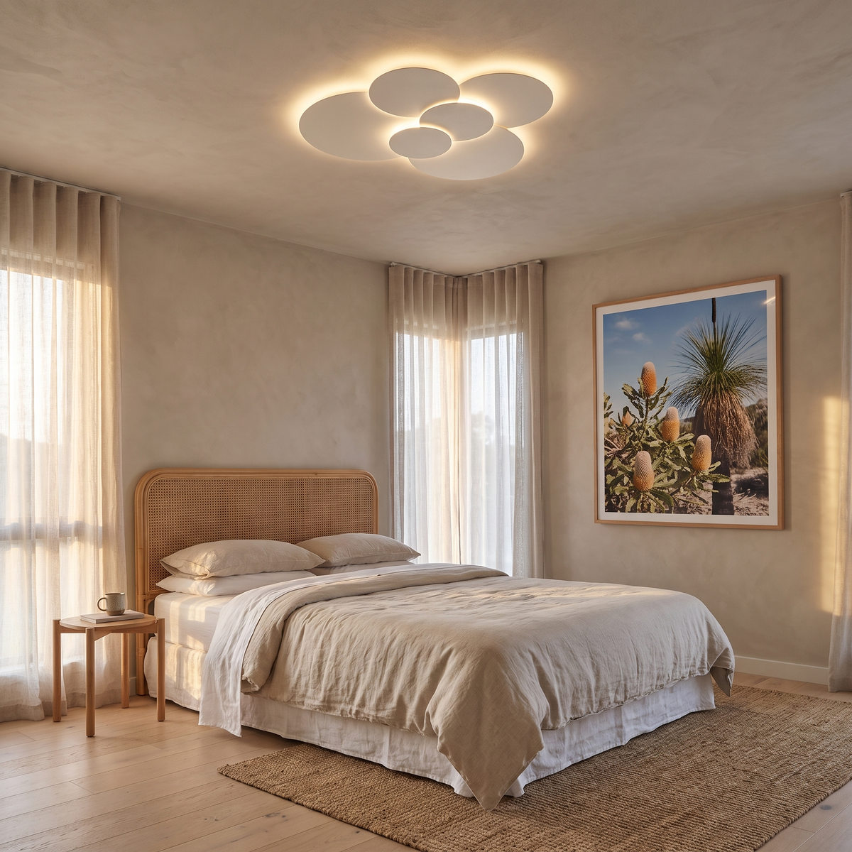 Cloey 80 cm six-disc LED ceiling light in a coastal bedroom with a rattan cane bedhead and jute rug