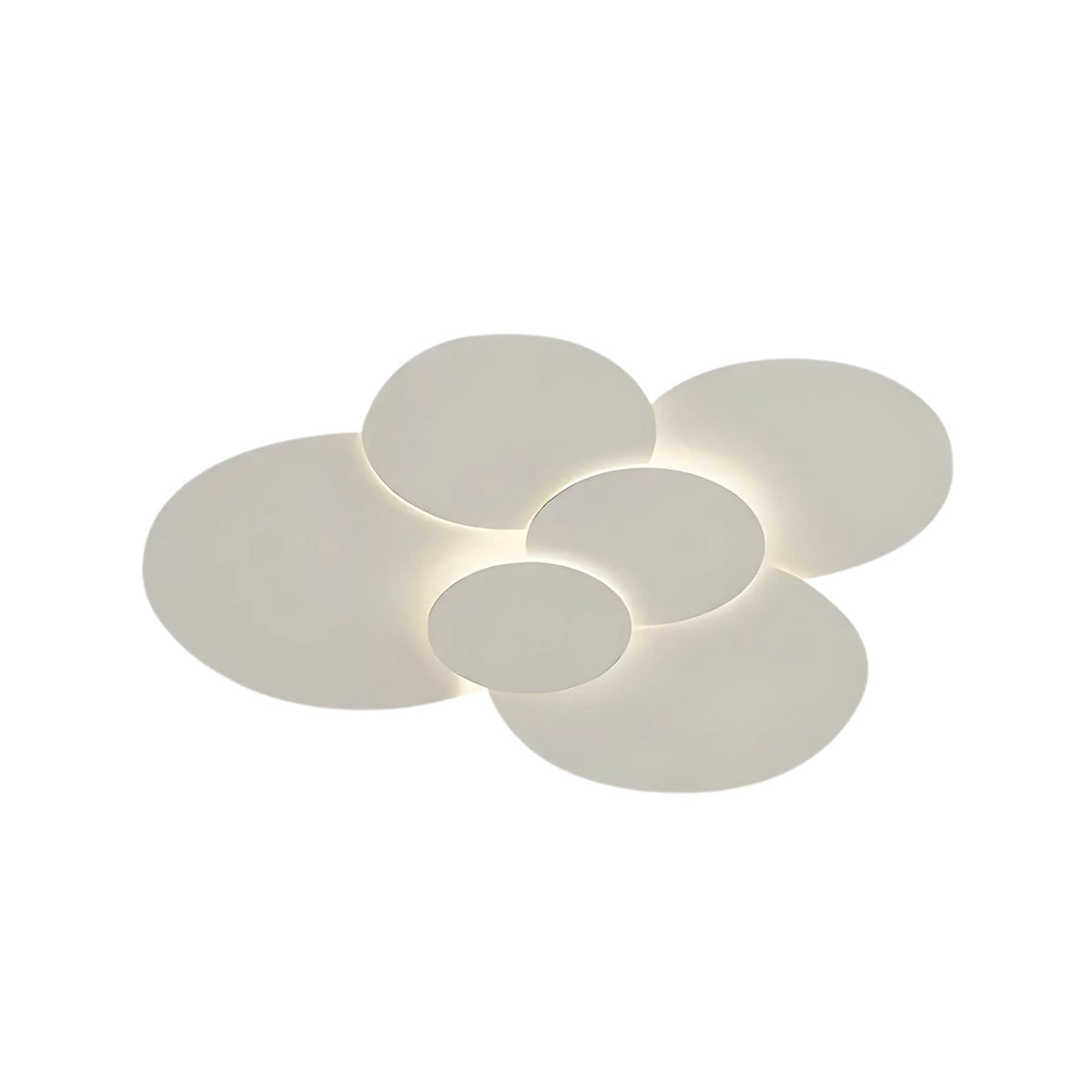 Detail of the Cloey ceiling light showing the overlapping matte white discs and concealed backlight