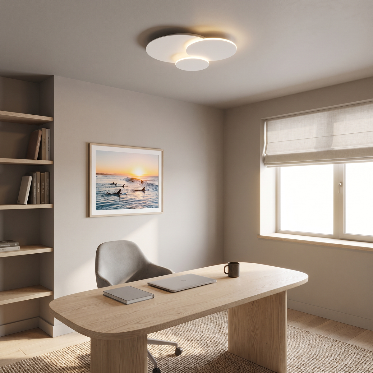 Cloey cloud disc LED ceiling light in a light-filled home office with a pale oak desk