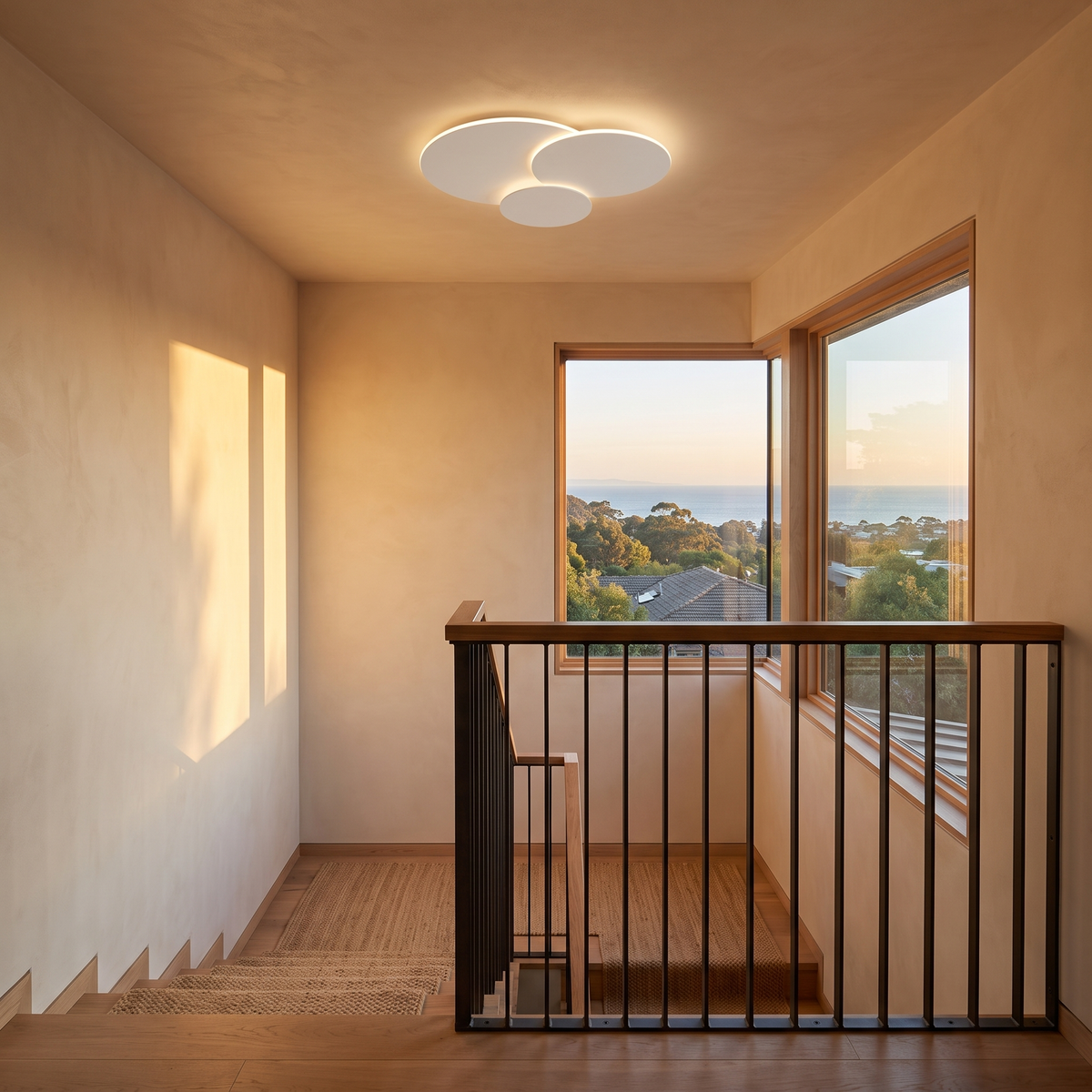 Cloey cloud disc LED ceiling light on a stair landing with an ocean outlook