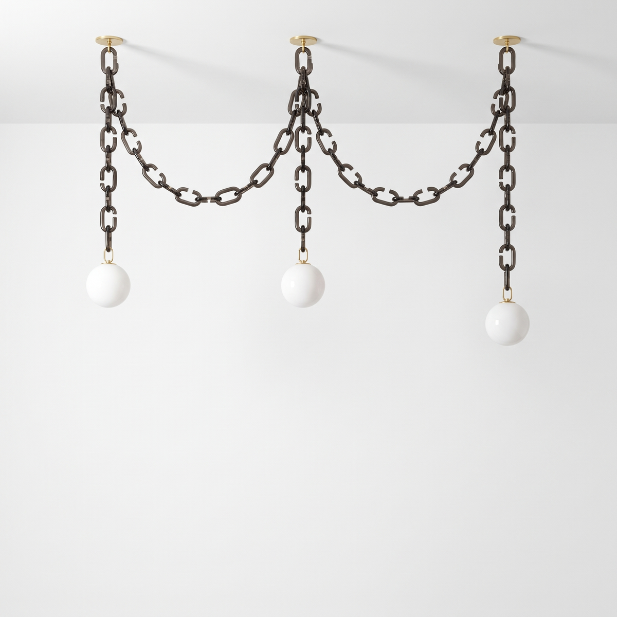 Clove 3-head smoky glass chain pendant light with white globe shades, on white background