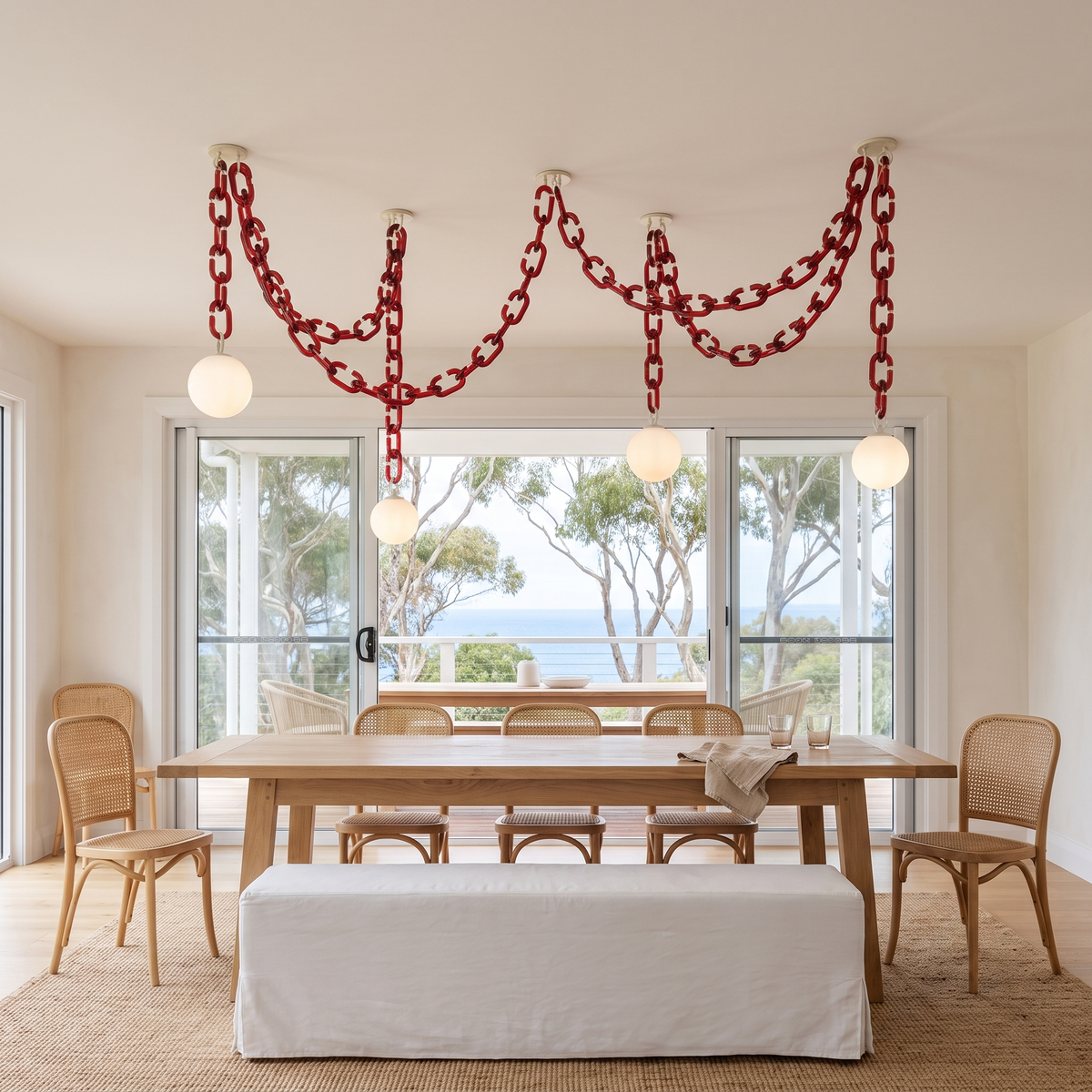 Clove 4-head red glass chain pendant light over an oak dining table in a coastal Australian home