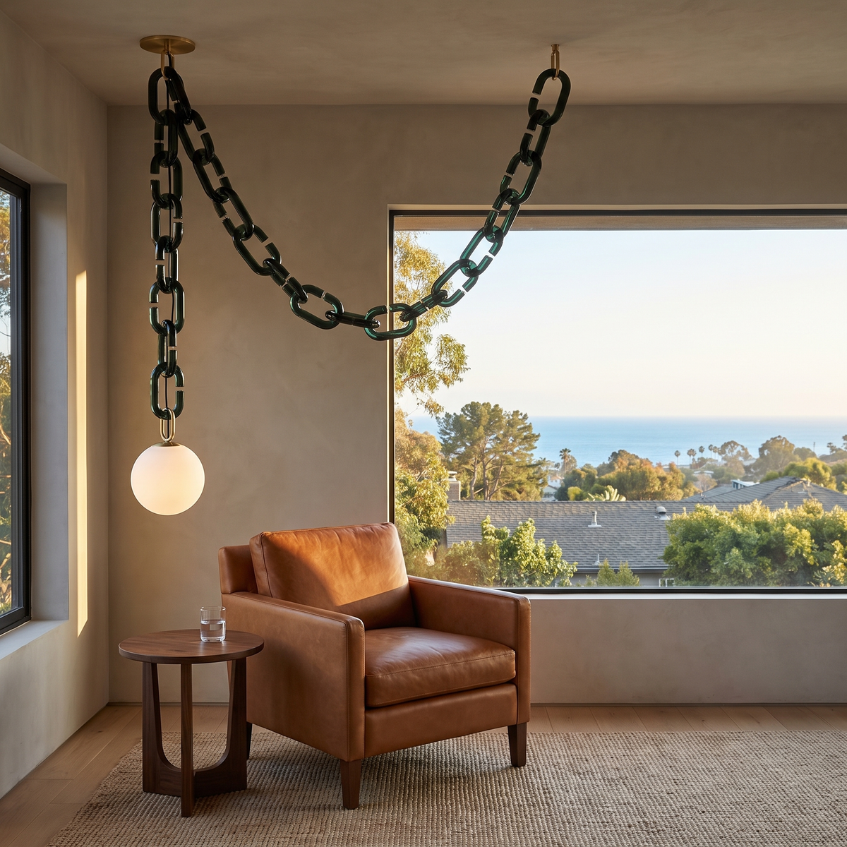 Clove dark green glass chain pendant light, 1 head with 22 links, draped over a leather armchair reading nook