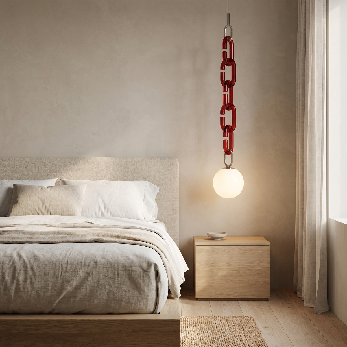 Clove red glass chain pendant light, 1 head with 5 links, hanging beside a bed as a bedside pendant