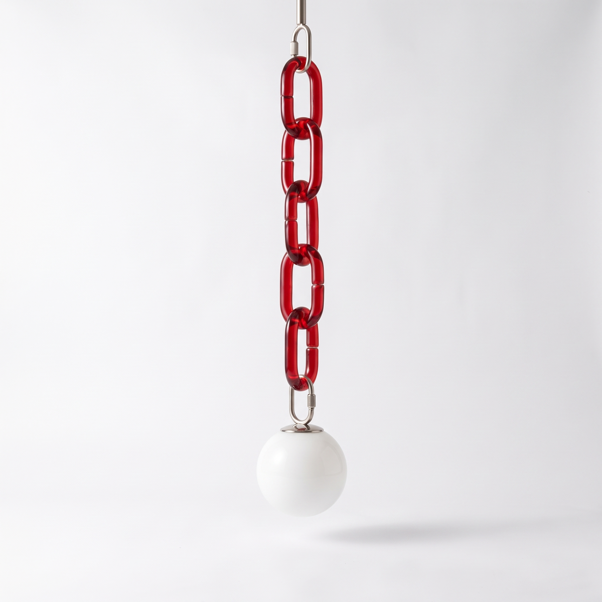 Clove red glass chain pendant light, 1 head with 5 links and white opal globe, on white background