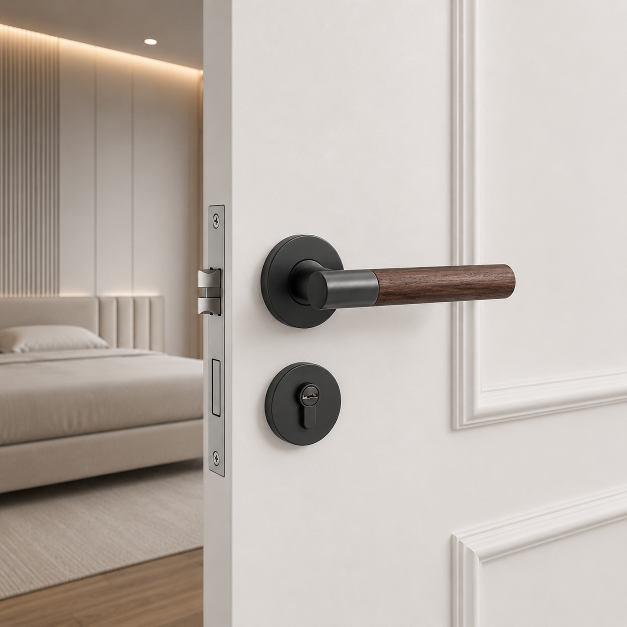 Clovelly Zinc Alloy Door Lock Set installed on a bedroom door