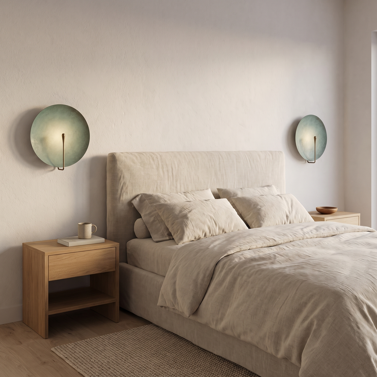 Clyde stainless steel round wall light in the light finish in a bedroom