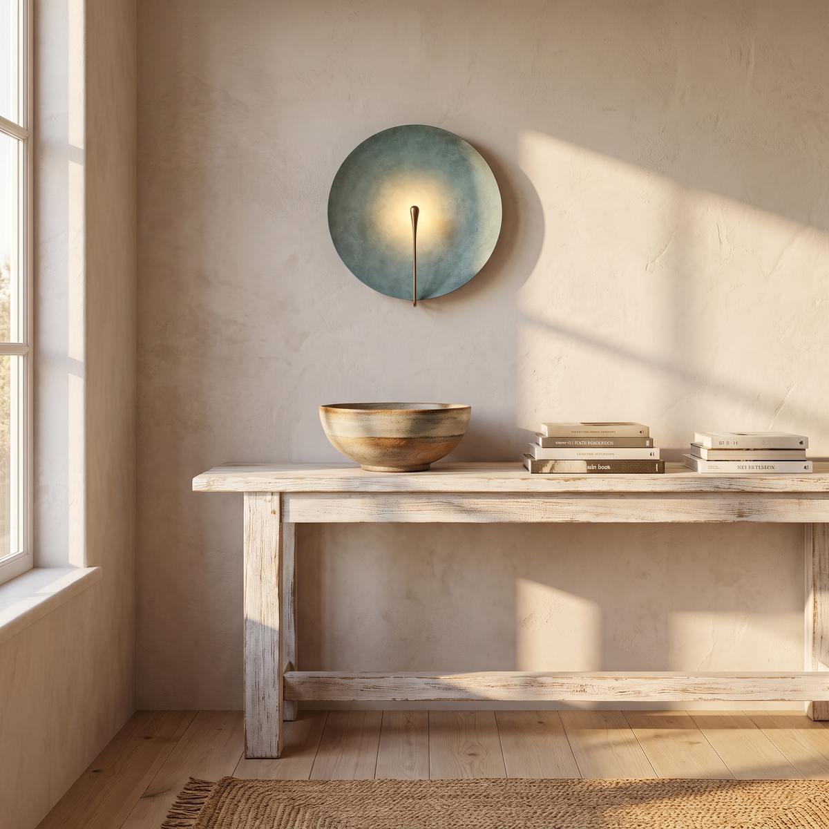Clyde stainless steel round wall light in the light finish in an entryway near the front door