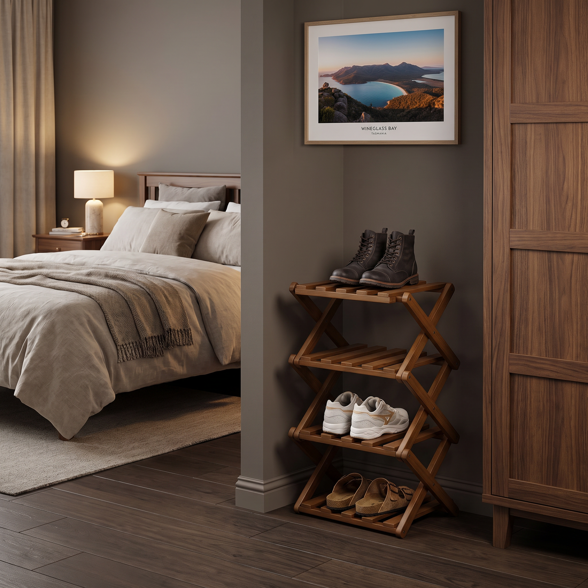 Collaroy brown bamboo shoe rack beside a dark timber wardrobe in a warm bedroom