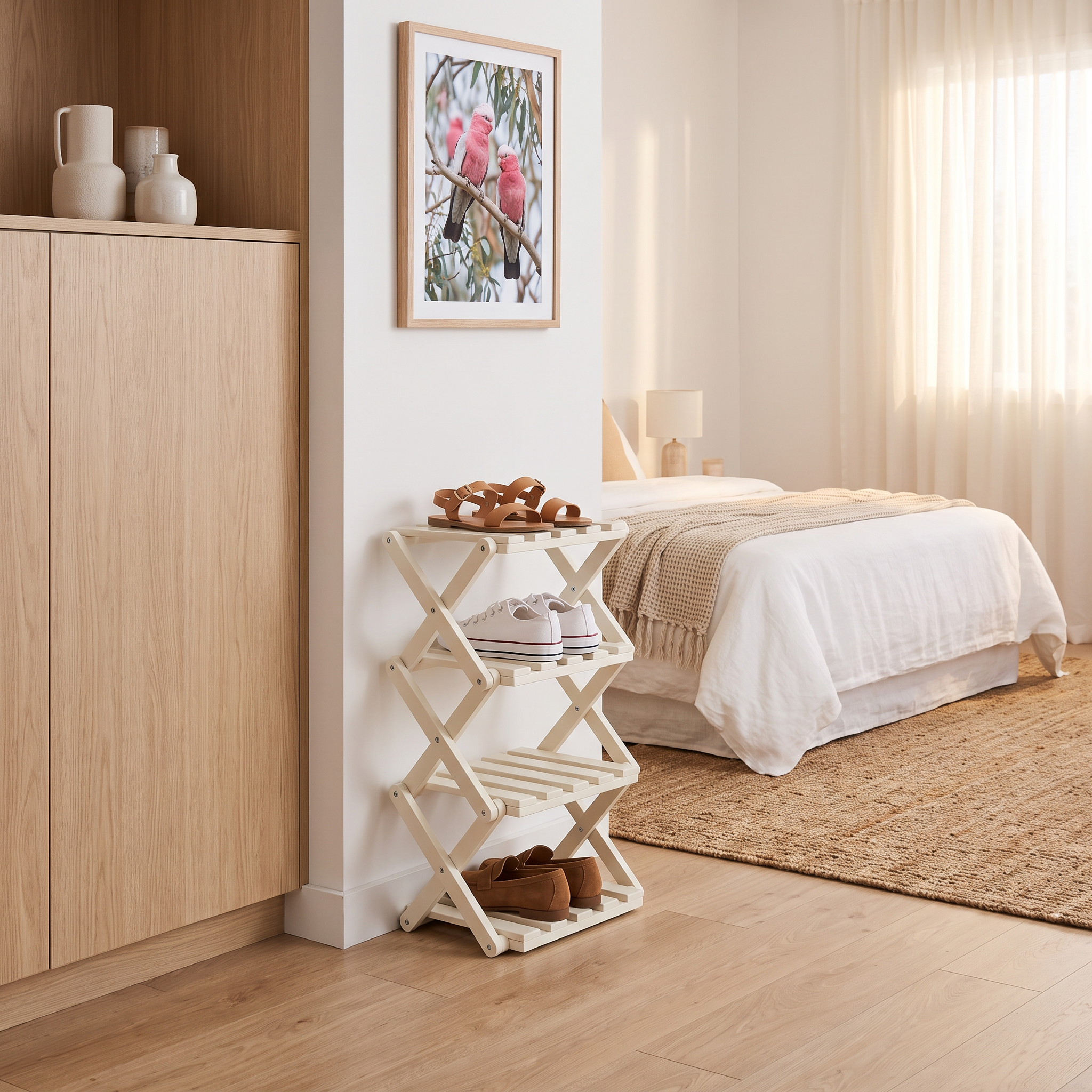 Collaroy ivory bamboo shoe rack beside a wardrobe in a coastal bedroom