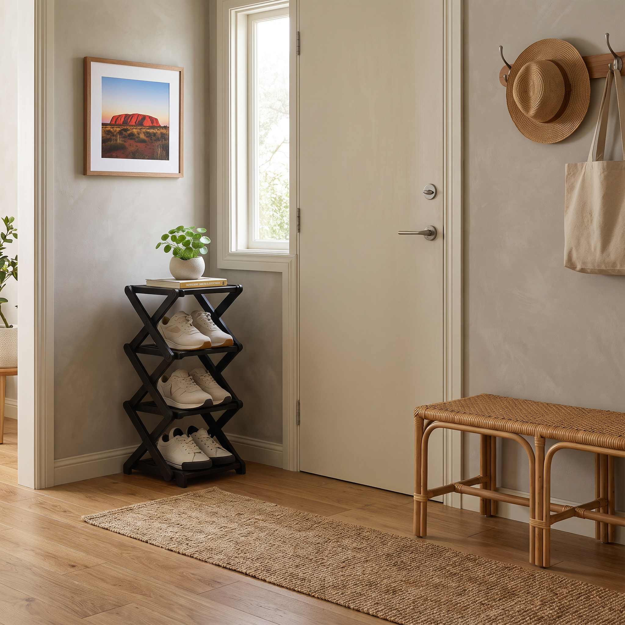 Collaroy black bamboo shoe rack in a warm coastal entryway