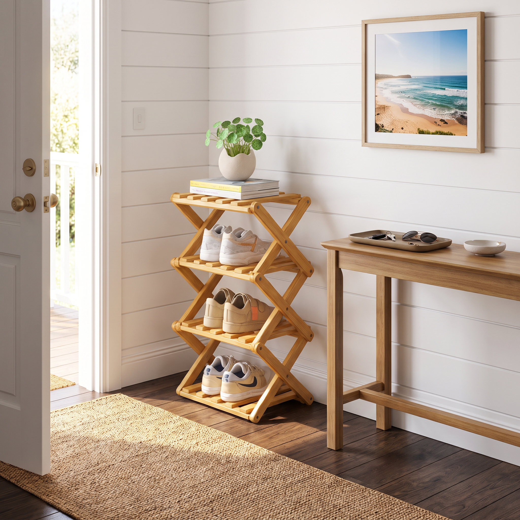 Collaroy natural bamboo shoe rack by the front door in a coastal entryway