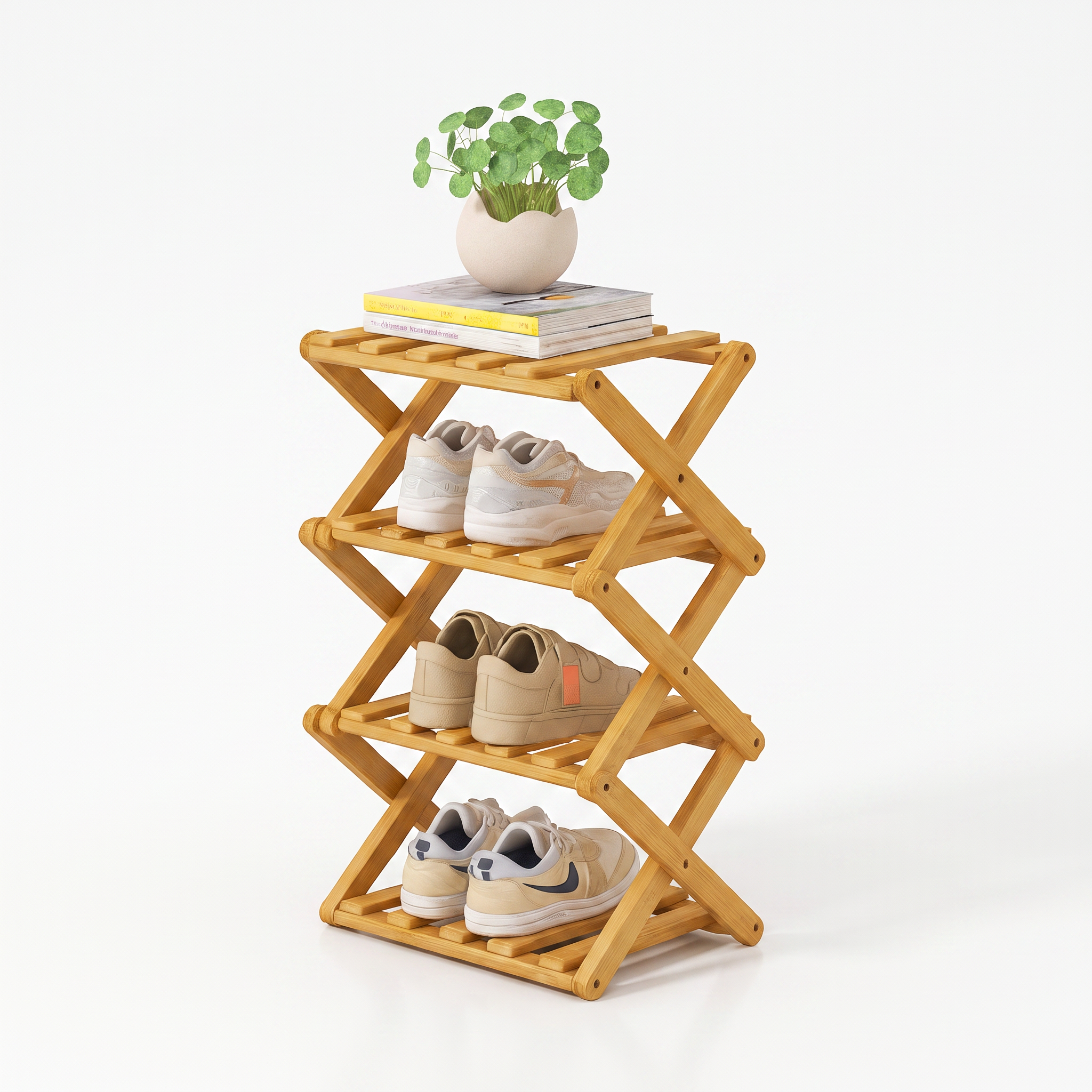 Collaroy tiered bamboo shoe rack in natural bamboo on a white background