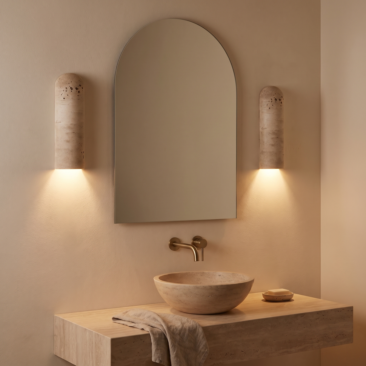 Colly travertine wall light in the lampshade down version in a bathroom