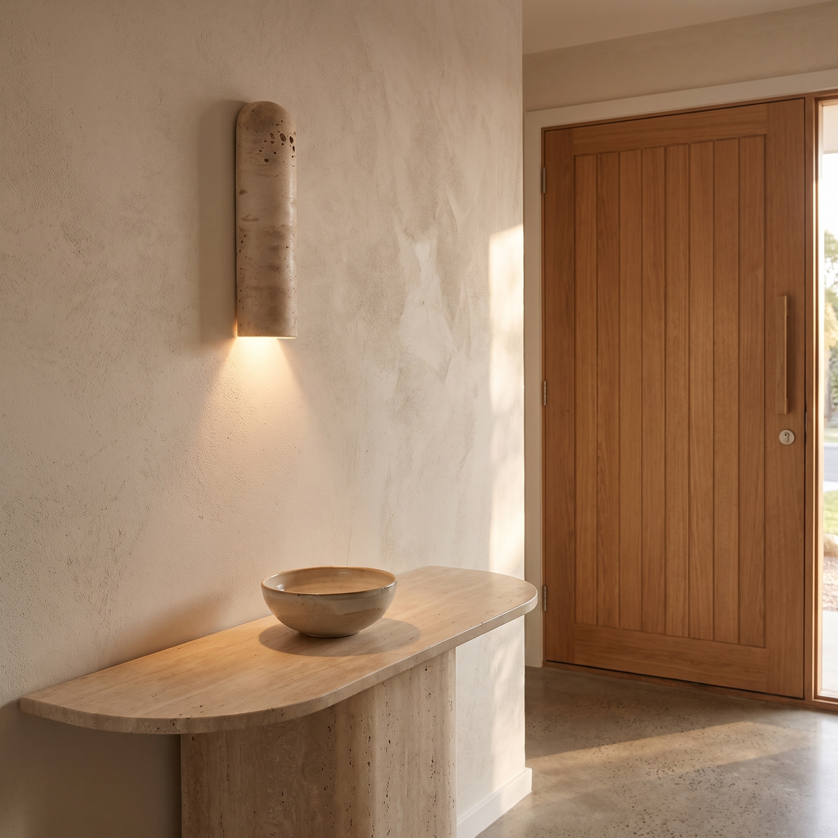 Colly travertine wall light in the lampshade down version in an entryway near the front door
