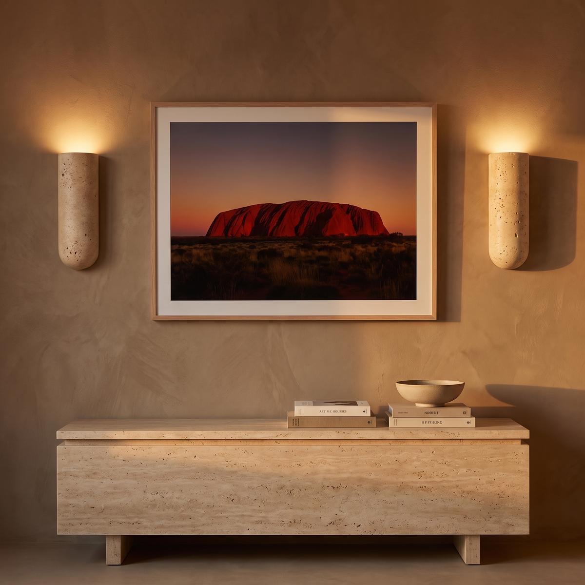 Colly travertine wall light in the lampshade up version in a living room
