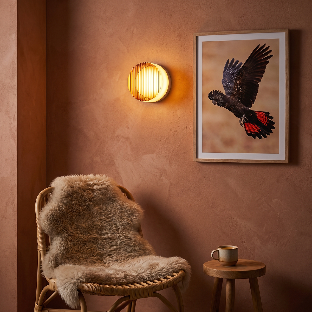 Comu golden amber ribbed glass wall light above a rattan chair in a reading corner