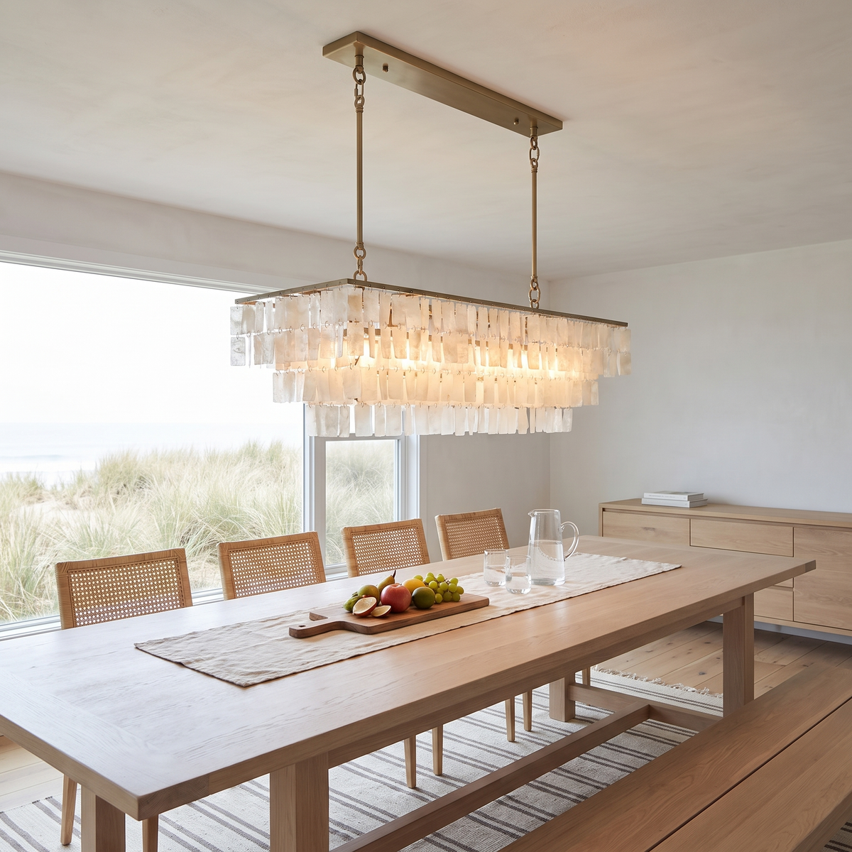 Coolum capiz shell chandelier over a pale oak dining table in a bright coastal dining room