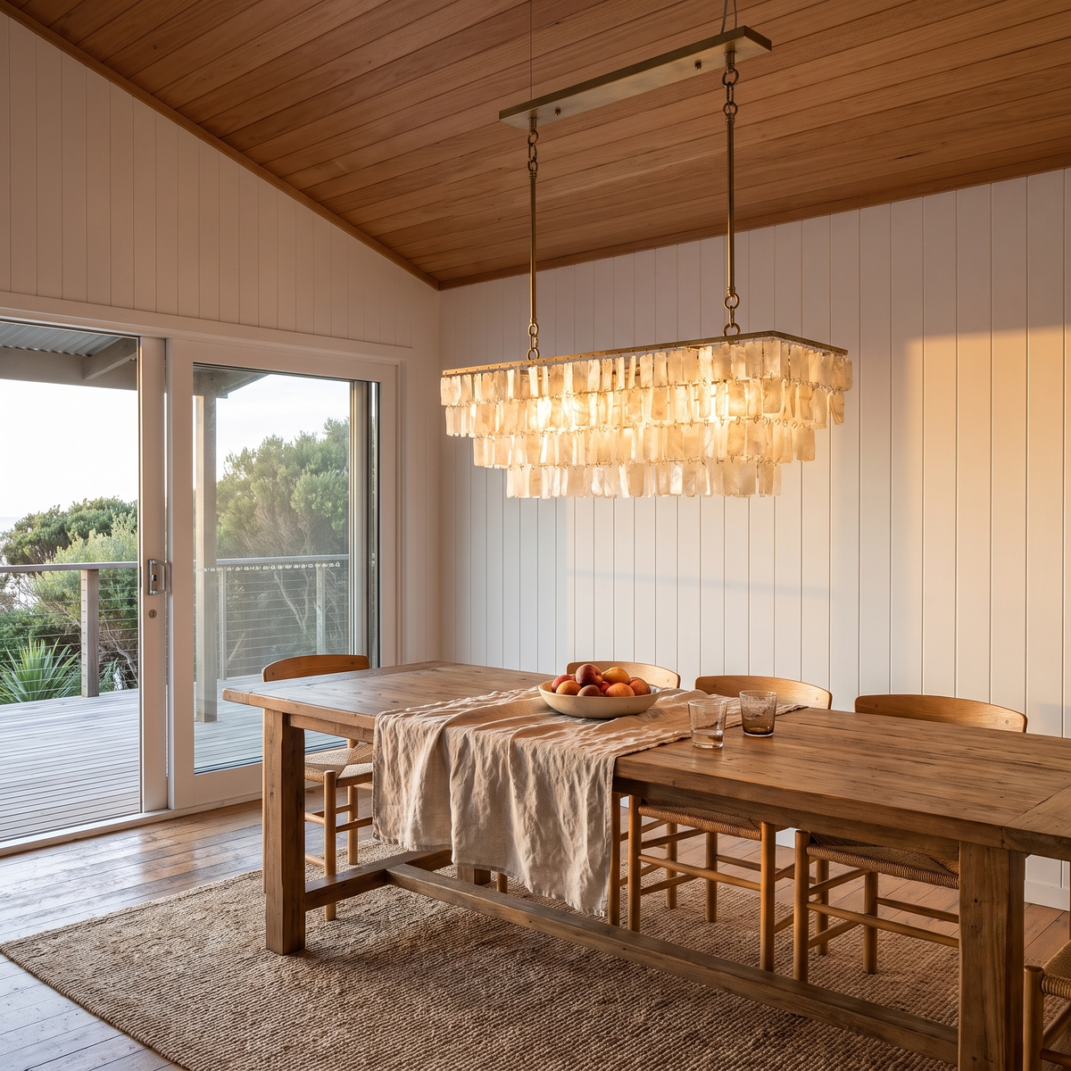 Coolum linear shell chandelier above a recycled timber dining table in an Australian beach house