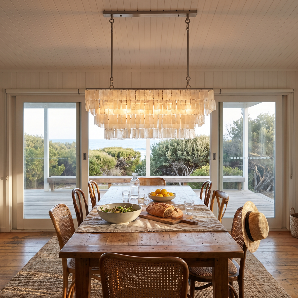 Coolum shell chandelier running the length of a recycled timber table in a beach house dining room